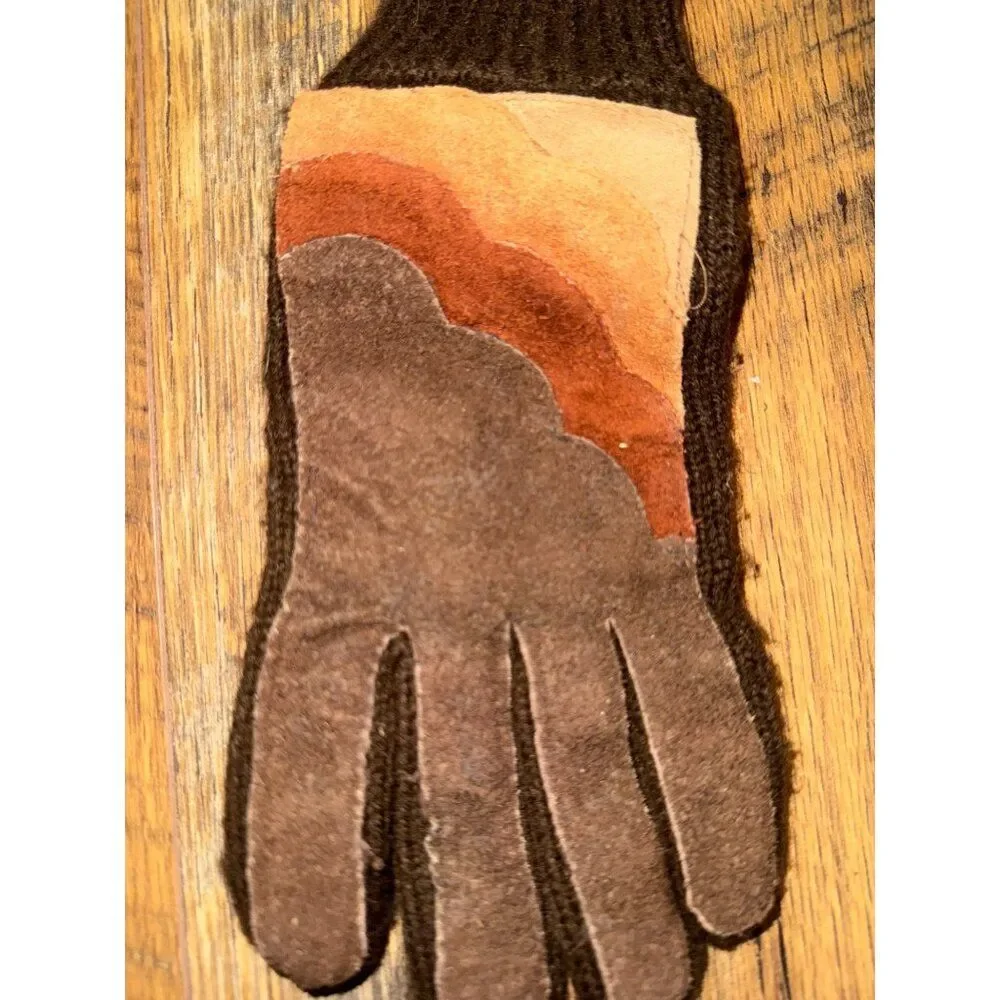Vintage 80's‎ Brown Knit Gloves With Suede Design